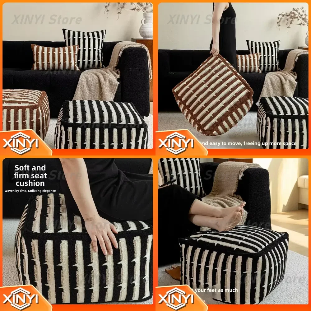 Mid-Century Black Striped Floor Cushion for Living Room Lounge Sofa Ottoman Pouf Footstool Multi-Purpose Tufted Seating Home