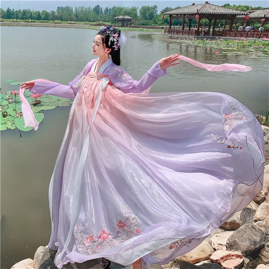 Vestido de fada hanfu vintage estilo chinês para mulheres, trajes florais elegantes de princesa bordada, cosplay de palco, doce