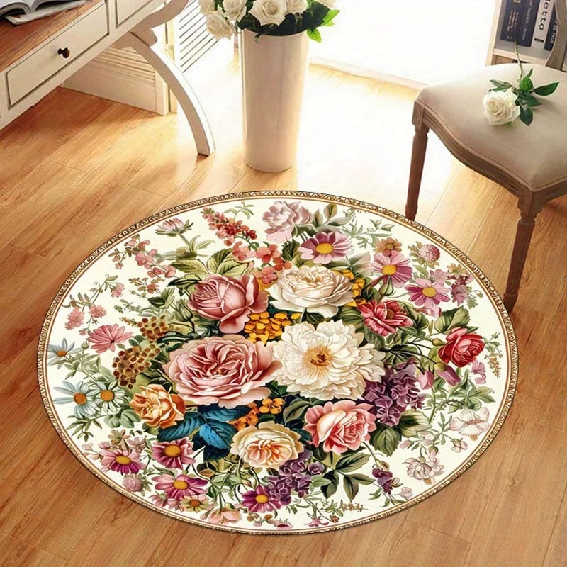 Vintage Pastel Rose Mixed Floral Round Rug  Classic Border Flower Circular Mat Non Slip Floor Carpet Bedroom Vanity Decor