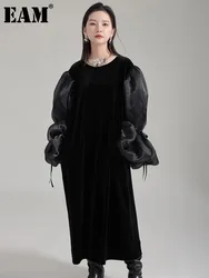 [EAM] donne nero Organza velluto Elegnat vestito di grandi dimensioni nuovo girocollo manica lunga a sbuffo moda marea primavera autunno 2024 1 dh2248