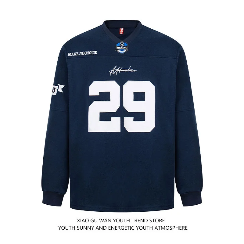 Camiseta Retro Americana Bordada de Manga Longa com Decote em V, Casual e Solta, Estilo Jovem para Outono e Inverno, Unissex