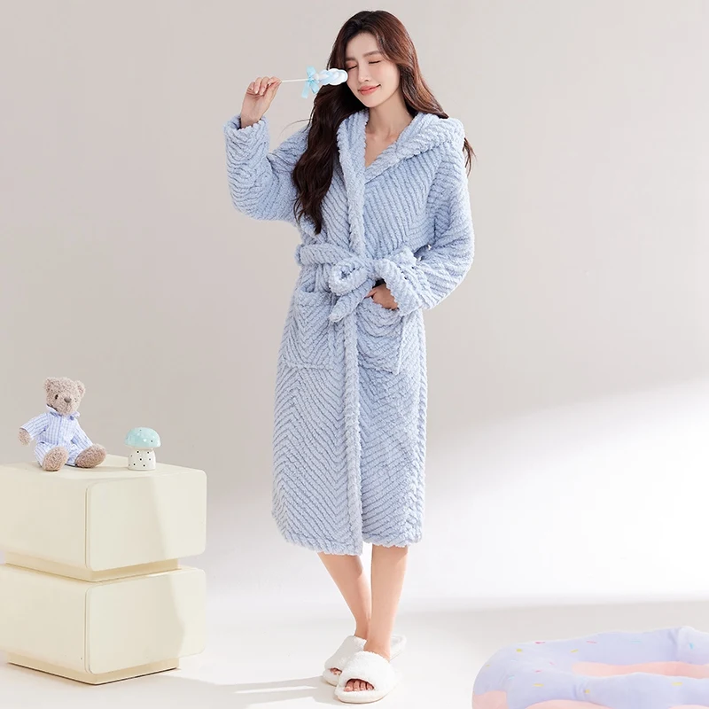 Winter Long Sleeve Thick Warm Flannel Hooded Robes For Women Korean Loose Coral Velvet Sleepwear Bathrobe Nightdress Night Dress