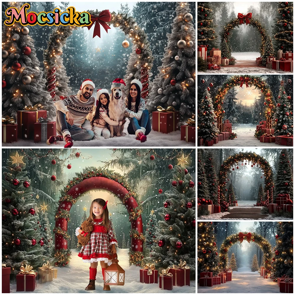 

Mocsicka Christmas Tree Photography Backdrop Winter Snow Family Children Photo Background Lamp Gift Bow Door Decor Studio Banner