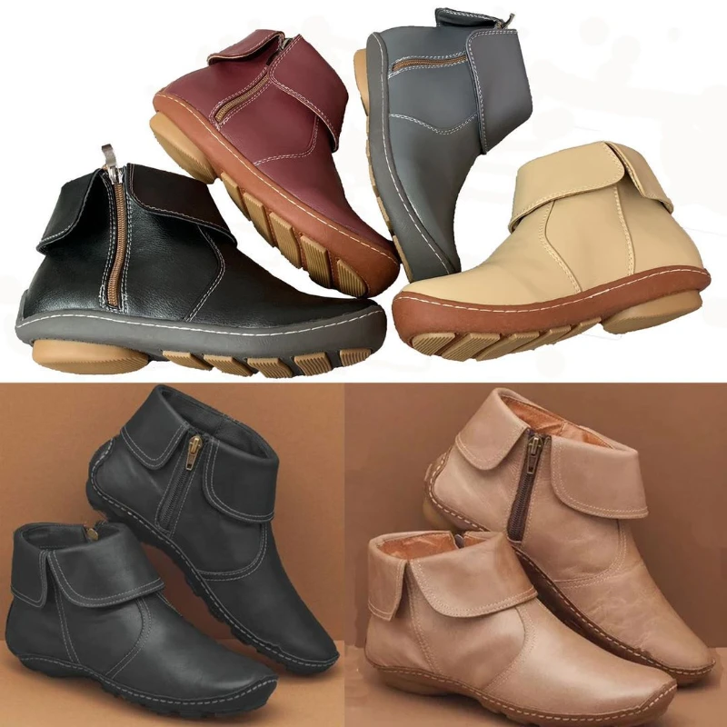 

2025 Women's Marton Boots Spring Autumn PU Leather Ankle Boots Casual Zipper Comfort Soft Wear-Resistant Walking Footwear Mujer
