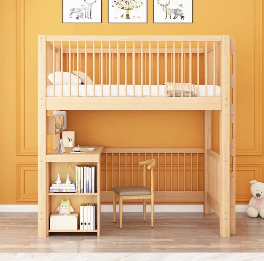 #Solid Wood Durable Bunk Bed With Upper Lower Tables Same Width Height Integrated Learning Table Comfortable Bedroom Furniture