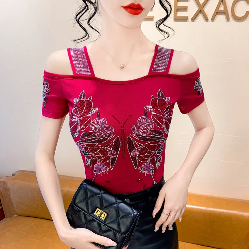 M-3XL Brand Women's Clothes Luxury Shiny Hot Butterfly Diamonds T-Shirts Design Sexy Off Shoulder Ladies Tees Mesh Tops