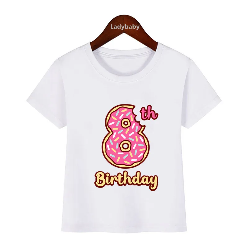 Cute Donuts Happy Birthday Number Bow Kids T shirt 1 2 3 4 5 6 7 8 9 Years Girls Clothes Summer Short Sleeve Baby Boys T-Shirts