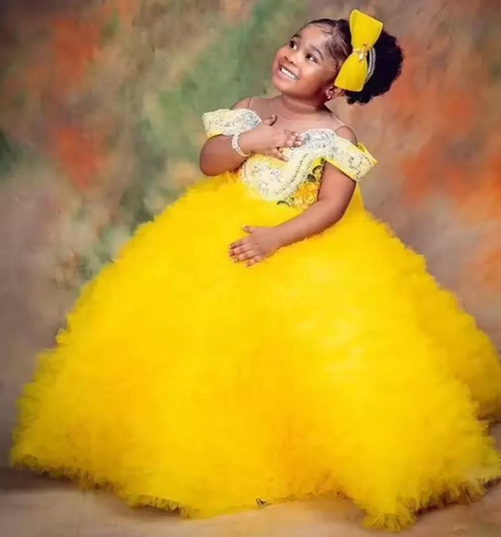 

Yellow Golden Flower Girl Dresses for Wedding Customized Bead Ball Gown Kids Birthday Party Gowns Crystal Toddler Pageant Wears