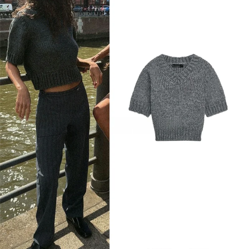 

Autumn New Arrival Women's Briti Sle ort Sve V-Ne Knitted Top Ribbed Detail Polyester Fiber Casual Wear