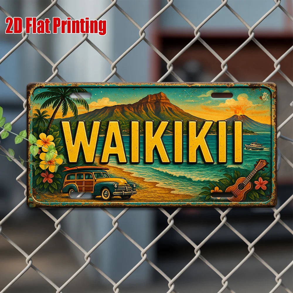 2D Flat 1pc Waikiki Island Atmosphere Sign, Suitable for Aloha Bar Area, Tropical Lounge, Surf Shack Decor, Floral Art Corner