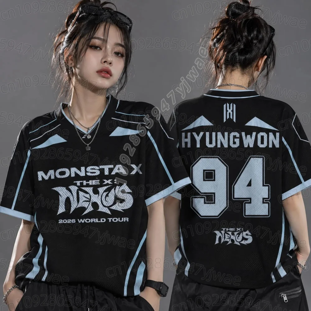 Summer Adult Women Galactic Monsta X World Tour The X Nexus Mixed Mesh Jersey Hyungwon Fans T-Shirt Women Men Beach  T-Shirt