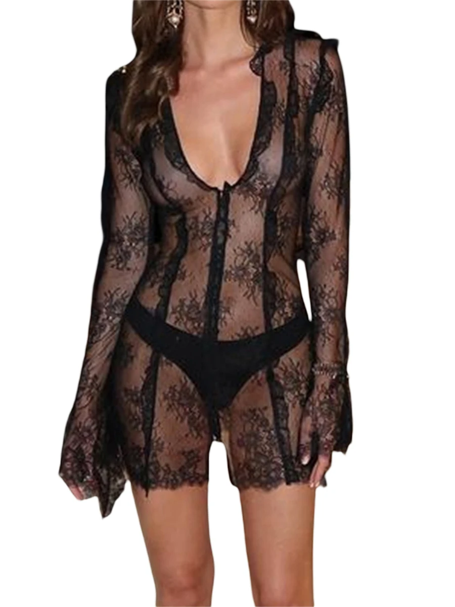 Abito in pizzo nero abiti estivi 2023 abito trasparente con scollo a V abito floreale in pizzo trasparente costumi da bagno See Through Cover Ups