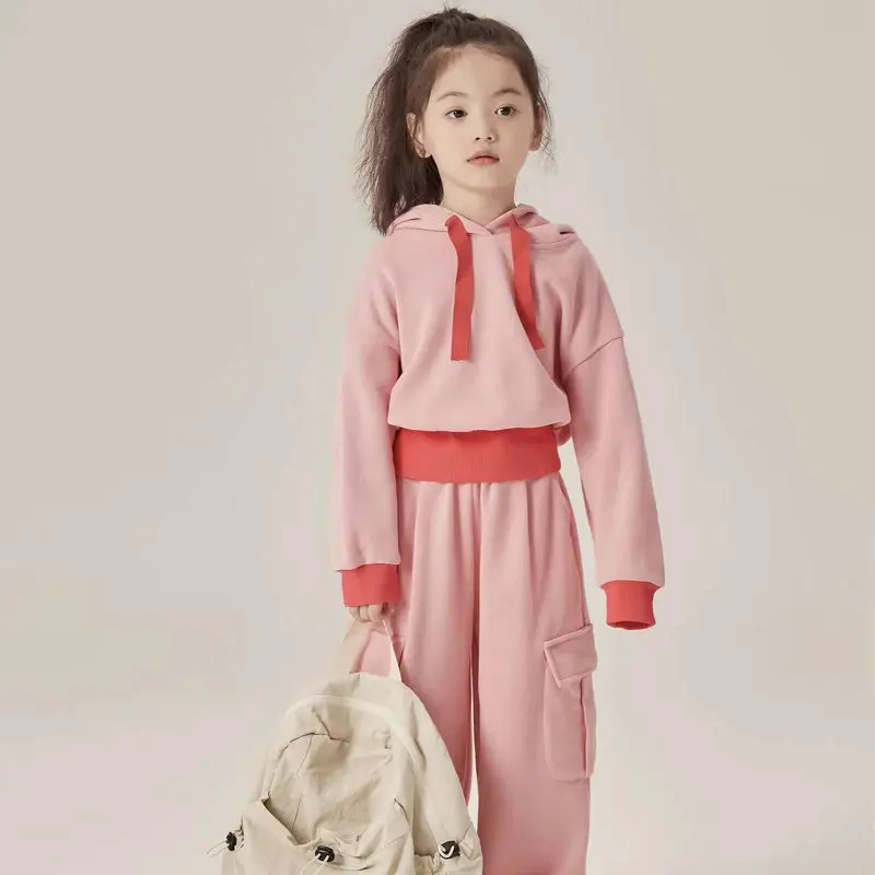 Baby Girl Sport Suit Hat Thick Hoodie Long Pants 2025 Autumn and Winter New Style Kids Clothes Pink Convenient Suit