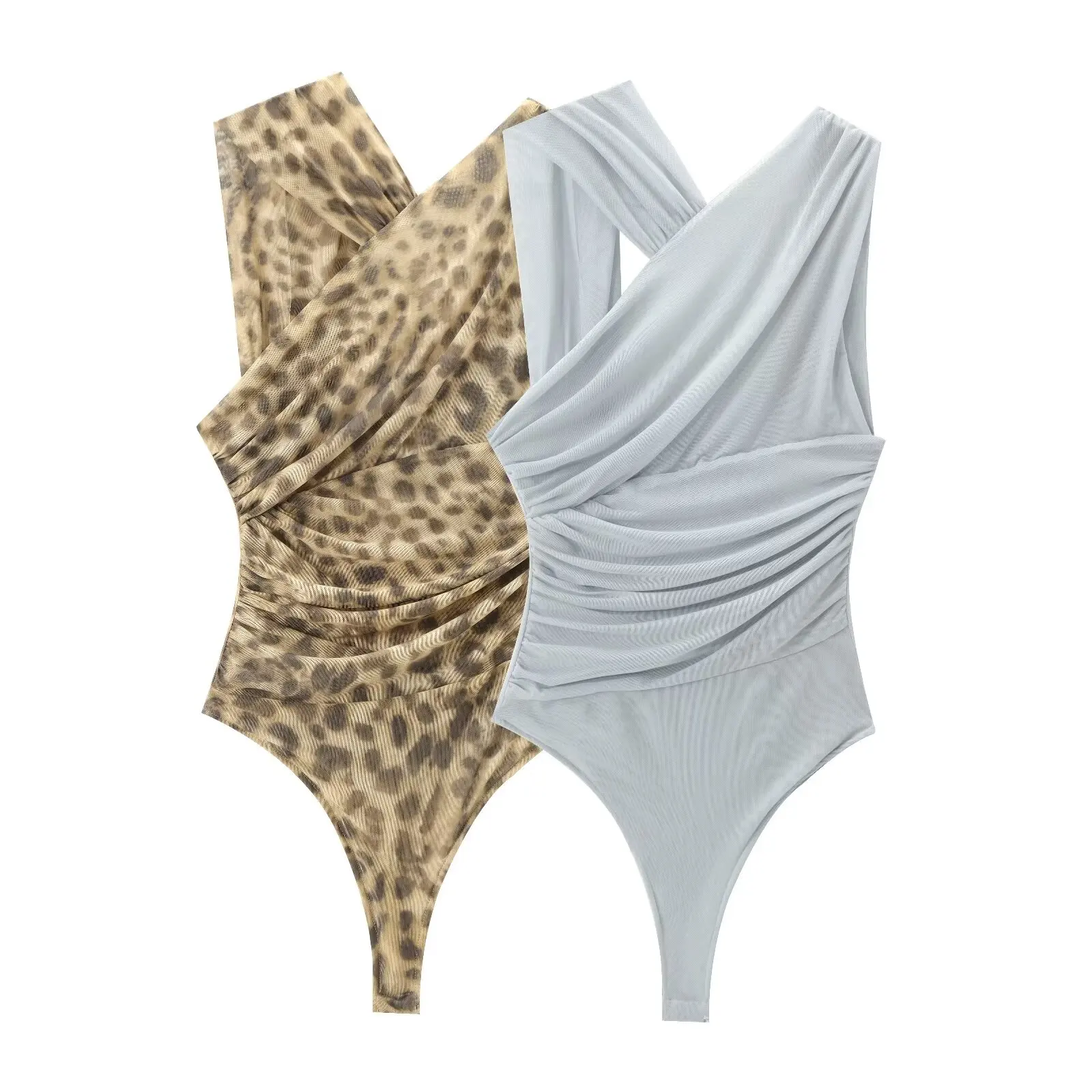 春の新作レディースファッション非対称プリーツ装飾シルクネット JNLEAOG ワンピーススーツポリエステル繊維ショートパンツ