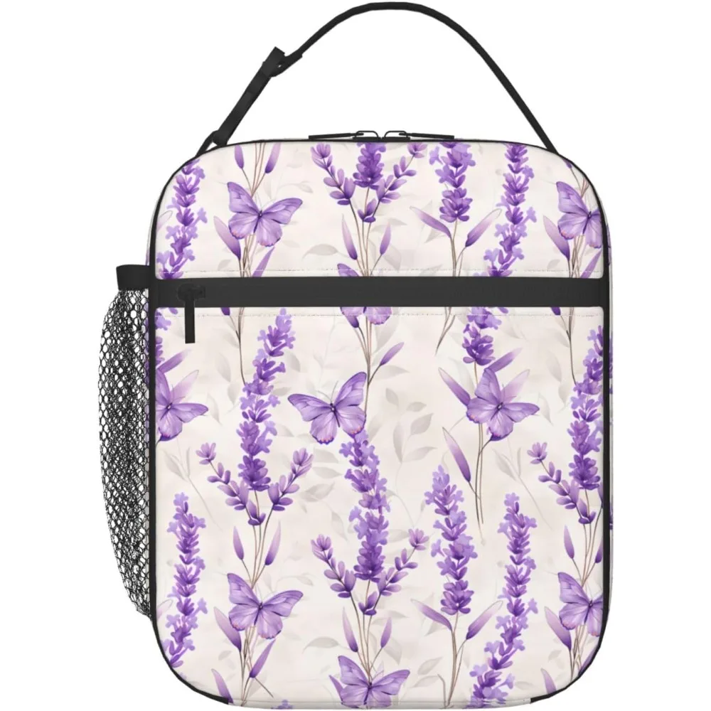 

Лавандовый ланч-бокс для детей, девочек, мальчиков, женщин и взрослых, изолированная сумка для обеда с цветочным принтом и бабочкой, полиэстеровая сумочка-холодильник с цветком