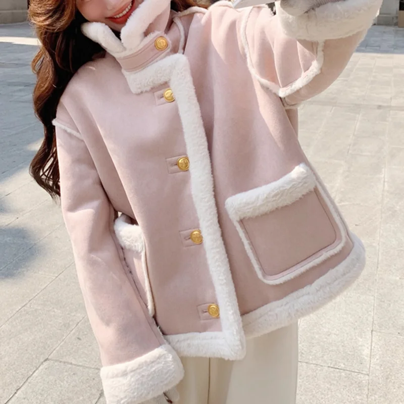 Women's Pink Winter Windproof Cold-resistant Cotton Jacket Coat French Elegant High-Street Aesthetic Loose Lamb Fur Warm Cotton