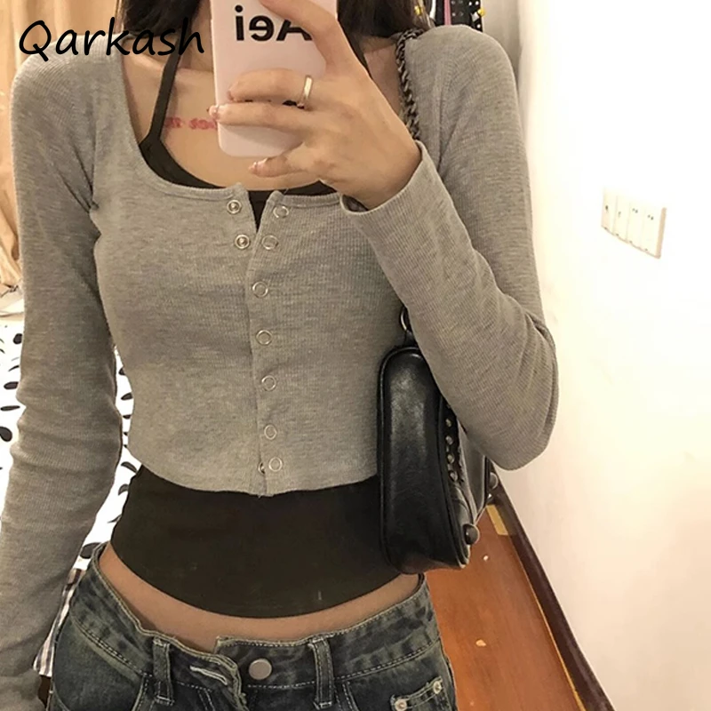 T-shirts Women Fake 2pcs Long Sleeve Crop Slim Patchwork Contrast Color Design All-match Sexy Tops American Trendy Hot Girls