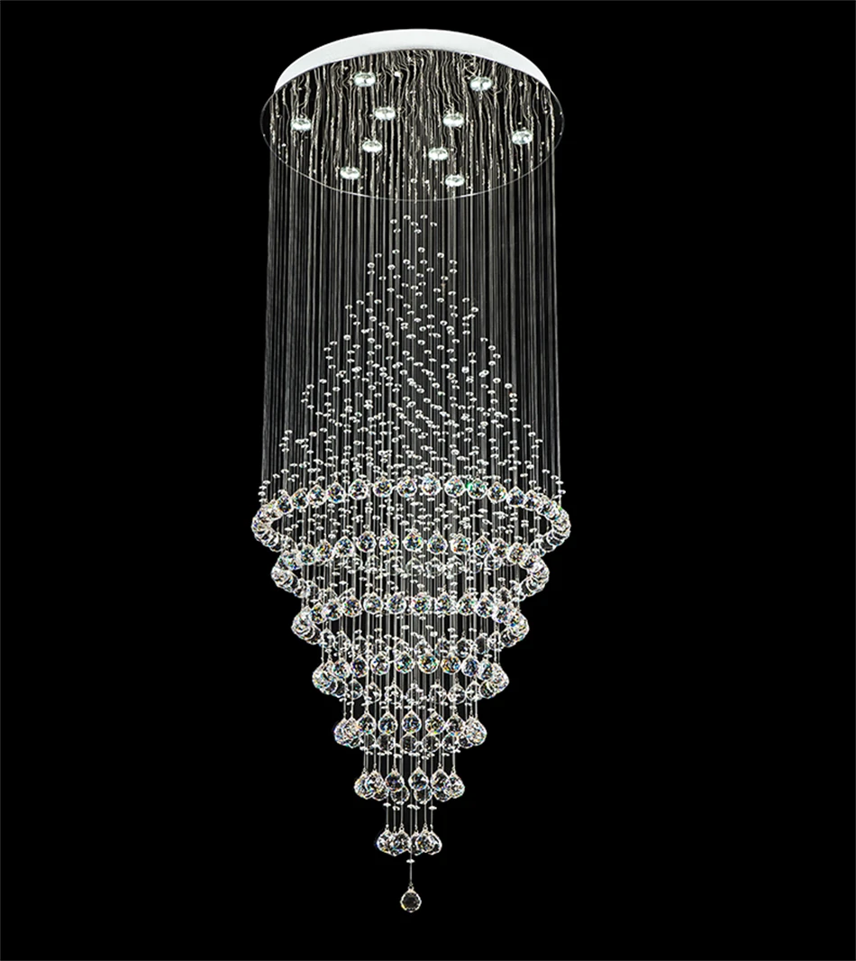 Stylish Modern Chrome Round Canopy Crystal Bead Waterfall Cascade Pendant Light for High Ceiling Foyer Staircase Deco