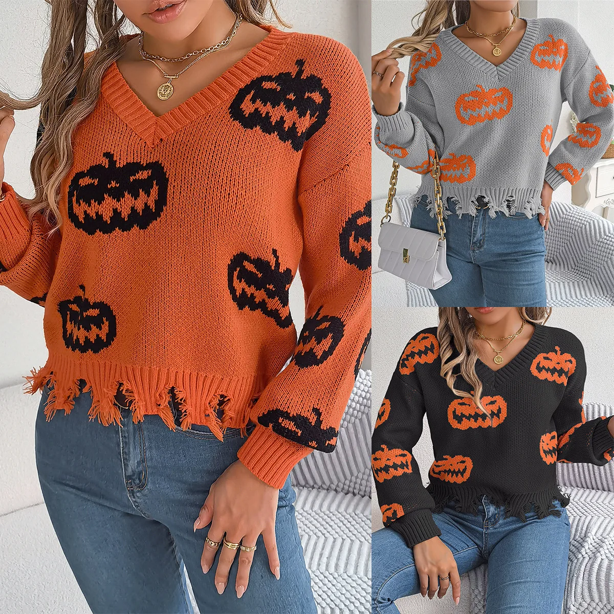 Halloween Orange Pumpkin Graphic Pullover Women Loose Ripped Hem V-Neck Sweater Casual Y2K Distressed Cropped Knitted Top