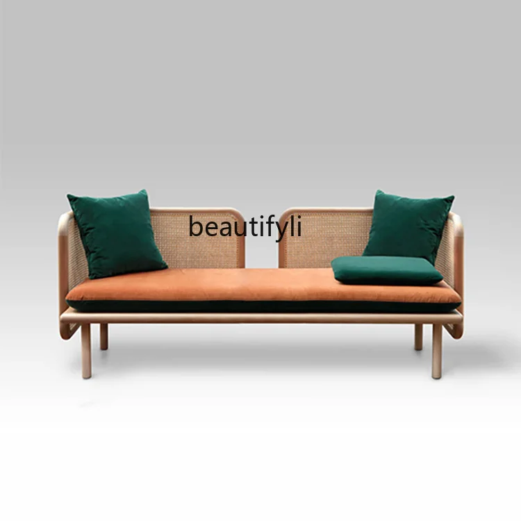 

Nordic Retro Rattan Sofa Solid Wood Lazy Chaise Longue Home Living Room Double Rattan Chair