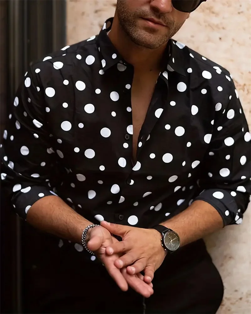 

2023 Men's Shirt Tops Polka Dot Lapel Long Sleeve Clothing Regular Fit Polka Dot Print Button Men's Casual Shirt S-6XL
