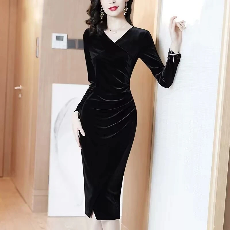 Golden Velvet Dress Female Long Sleeves V-Neck One Step Hip Wrap Slit Sexy Dresses Spring Autumn Women Velvet Long Dress