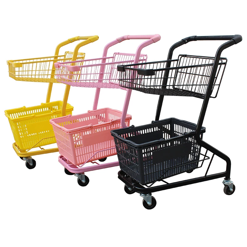 custom.Kainice Hot Sales Party Push Cart Supermarket Metal Basket Cart 2 Tier Boutique Pink Color Double Layer Shopping Trolley