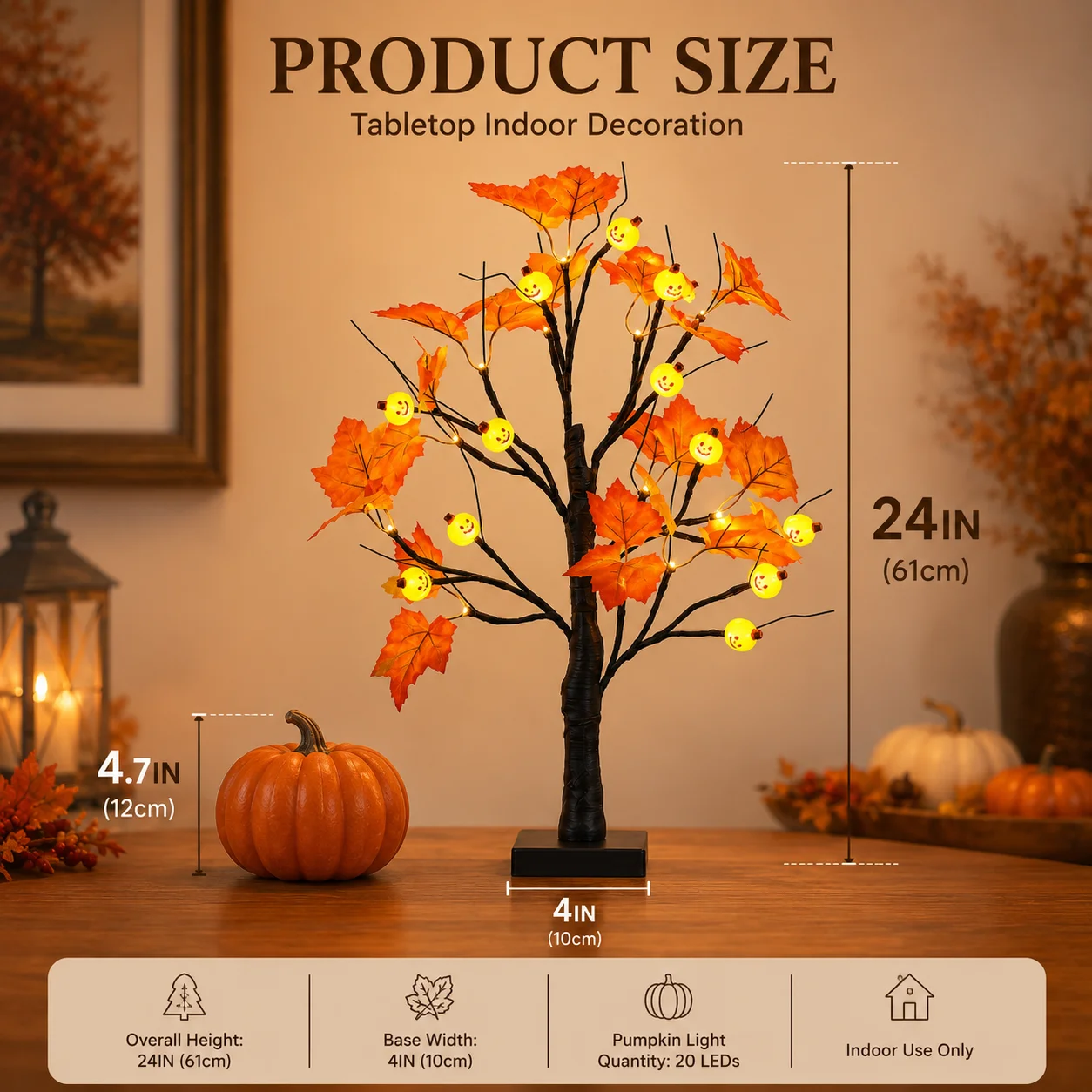 Lighted Pumpkin Tree, 24IN Halloween Tabletop Decor with Maple Leaves 24 LED Pumpkin Lights, Orange Maple Leaves, USB & Battery Powered, 24IN Tabletop Tree for Halloween, Fall Home Decor.