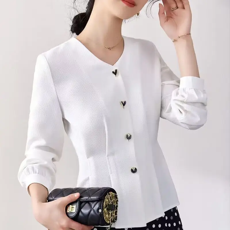 Office Lady Solid Color Pleated Waist Blouse 2023 Spring Chic Heart-shaped Single-breasted Female Clothing Elegant V-Neck Shirt