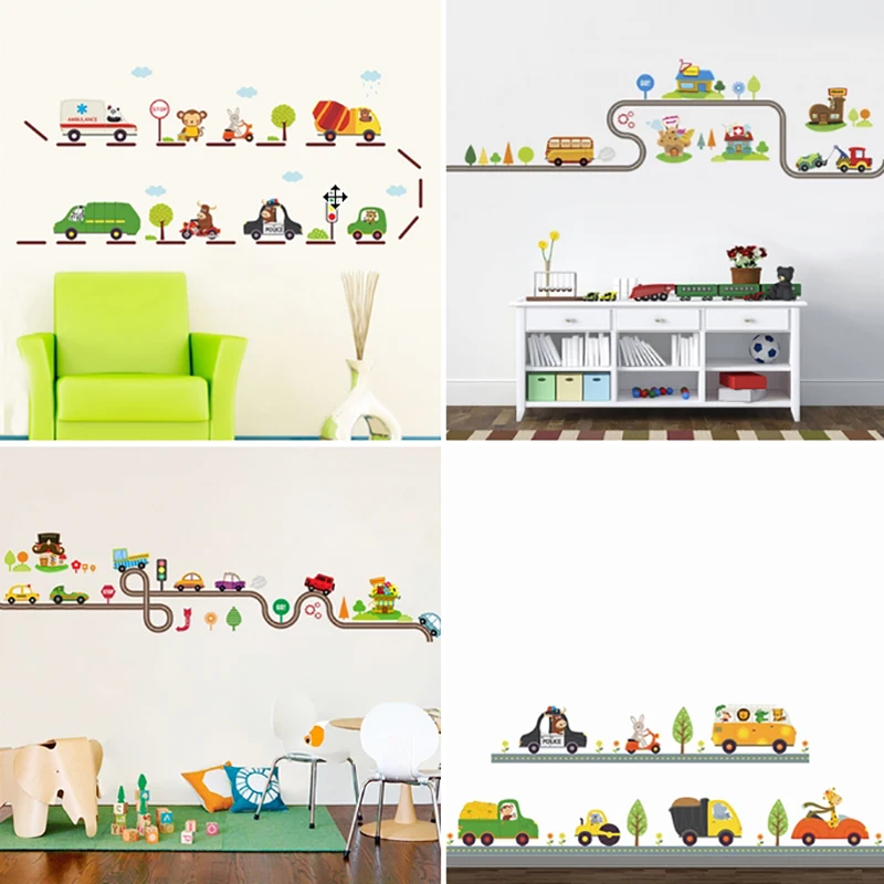 Catoon Animals Drive Truck Car Excavator Wall Sticker For Kindergarten Kids Room Home Decoration Diy Safari Mural Art Pvc Decal