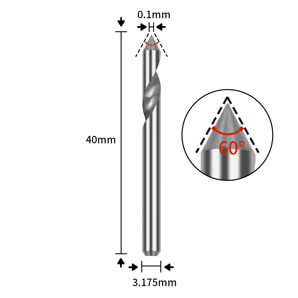 3.175mm Single-Flute Spiral Taper Tip Drill, 60°, 0.1 For use with CNC engraving machines with ER11-3.175 chucks 2pcs