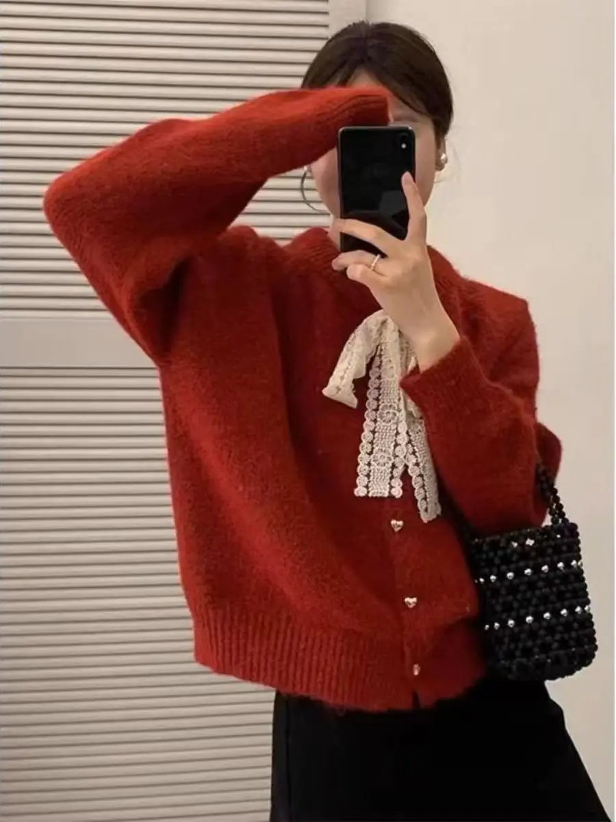 

Red Lace Knot Sweater Women's Loose Knitted Top for Autumn Winter Faionable Korean Sle Luxury Light Warmth