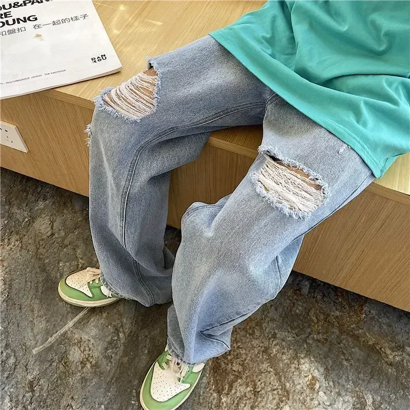 Men\'s Jeans Broken Black Torn Man Cowboy Pants Ripped Trousers Straight with Holes Clothes Y2k 2000s Summer High Quality Baggy