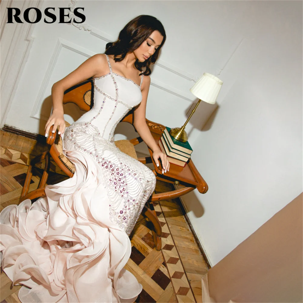 

ROSES Ivory Formal Gown Spaghetti Strap Prom Dresses with Beaded Luxury Evening Dress Ruffled Train Modern Style Customized
