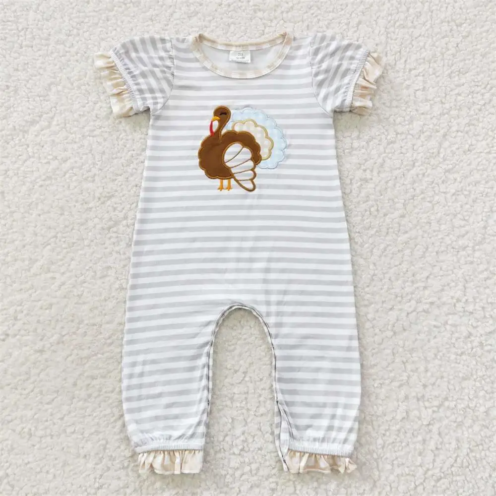 

Wholesale Kids Toddler Thanksgiving Short Sleeves Jumpsuit Girls Embroidery turkey Stripes Snap Button Newborn Children Romper