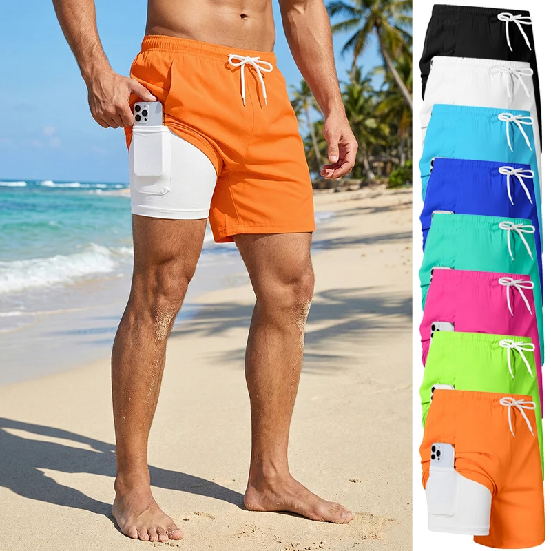 Men's compression undergarment swimsuit, with a phone pocket, quick-drying summer shorts, beach shorts, swimsuit, swimsuit