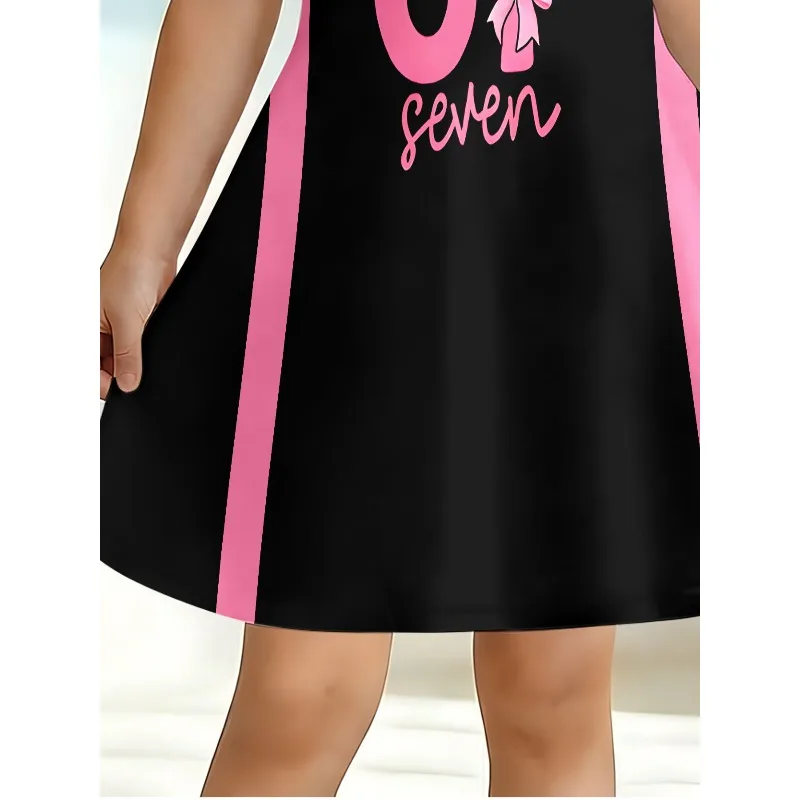 Mädchenkleid mit rosa Schleifenmuster für 6 oder 7 Jahre, schwarzes Freizeit-T-Shirt-Kleid für Kinder, geeignet für Geburtstagsfeiern und als Geschenk. – Detail 7