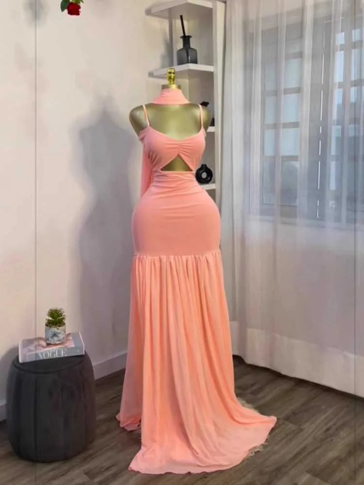 エレガントなピンクの女性用カットアウトウエストサマードレス、細ストラップセクシーイブニングロングノースリーブドレス