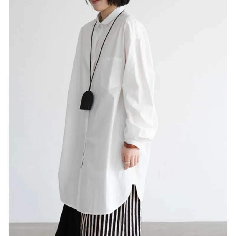 

SuperAen Spring 2026 New Korean Style Simple Classics White Shirt Women Cotton Casual Polo Collar Long Sleeves Mid-length Shirts
