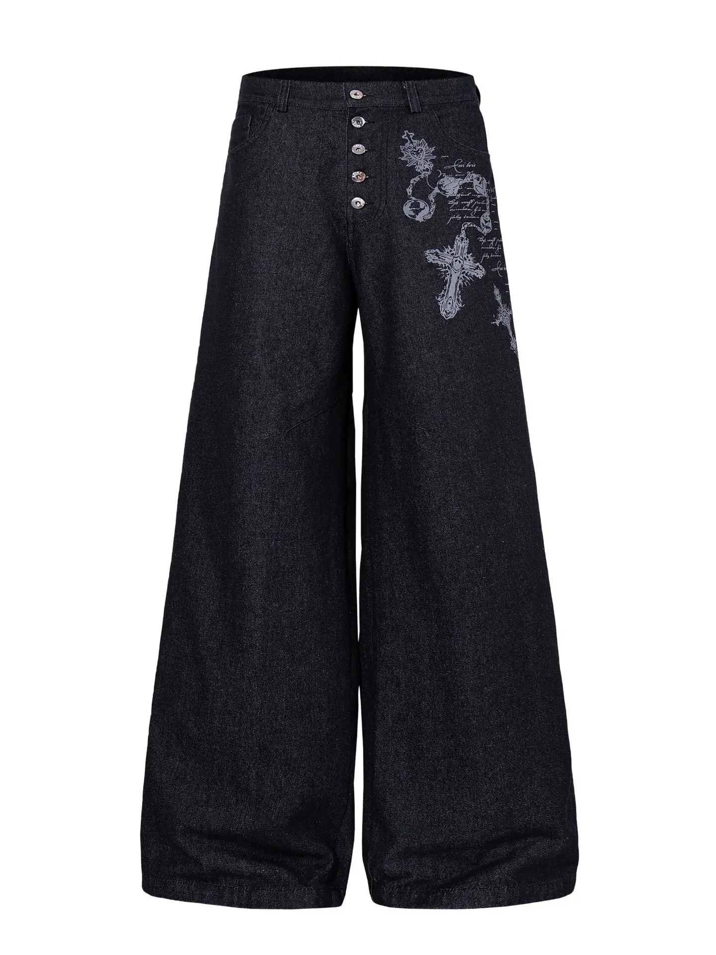 Calças Jeans Americanas Retrô com Estampa Cruzada e Botões Frontais, Perna Larga, Caimento Solto, Casuais para Homens e Mulhe...