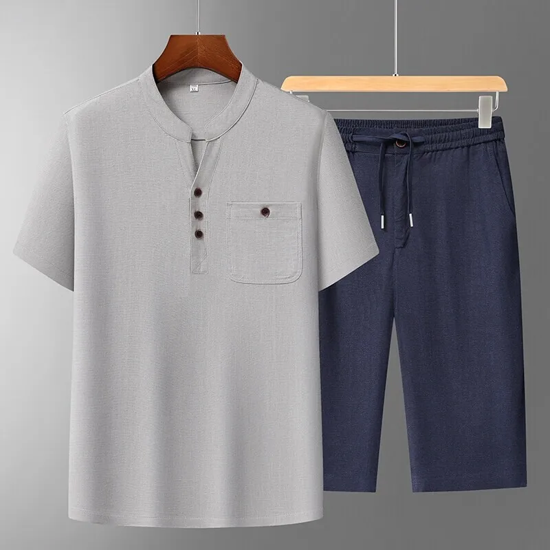 

Men's Chinese-Style Cotton Linen Tang Suit Short-Sleeved Two-Piece Set Linen Hanfu for Meditation And Laymen's Wear