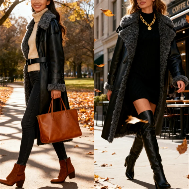 خريف 2025 الموضة العصرية مثير المرأة الأوروبية والأمريكية المؤثر ضرب التلبيب الفراء والجلود المتكاملة معطف طويل دافئ #1