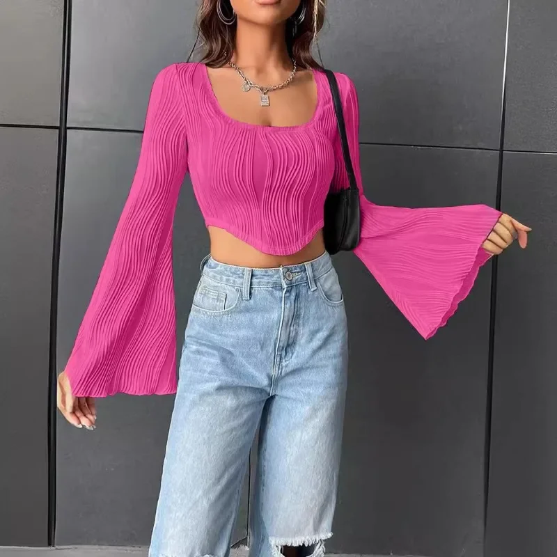 Women Black Crop Tops Solid U-Neck Cropped Blouses Female Long Flare Sleeve Blouse Ladies Y2K Slim Streetwear