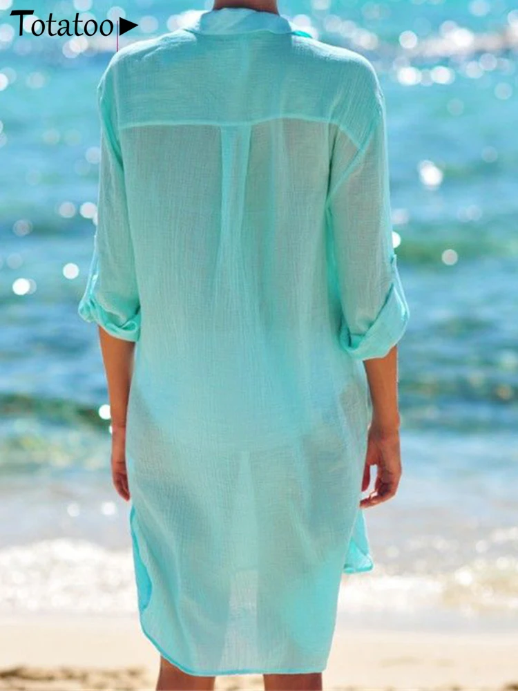 Women's Beach Oversize Blouse Cover Ups 2026 Sexy Summer Pockets Buttons Long Sleeve Swimsuit Bikini Coverups Shirts White