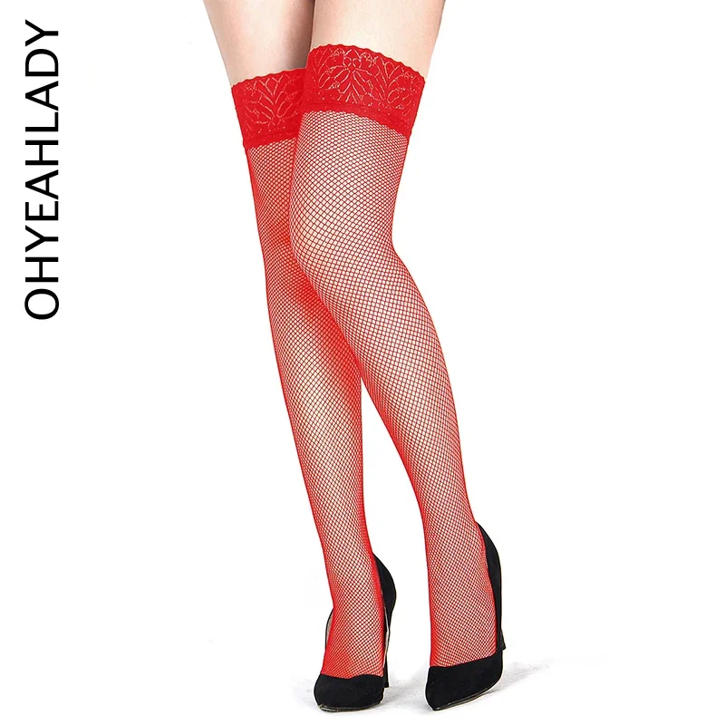 

Ohyeahlady Women's Fishnet Stockings Stretch Red See Through Socks Floral Lace Anti-slip Silicone Comfortable Plus Size Stocking
