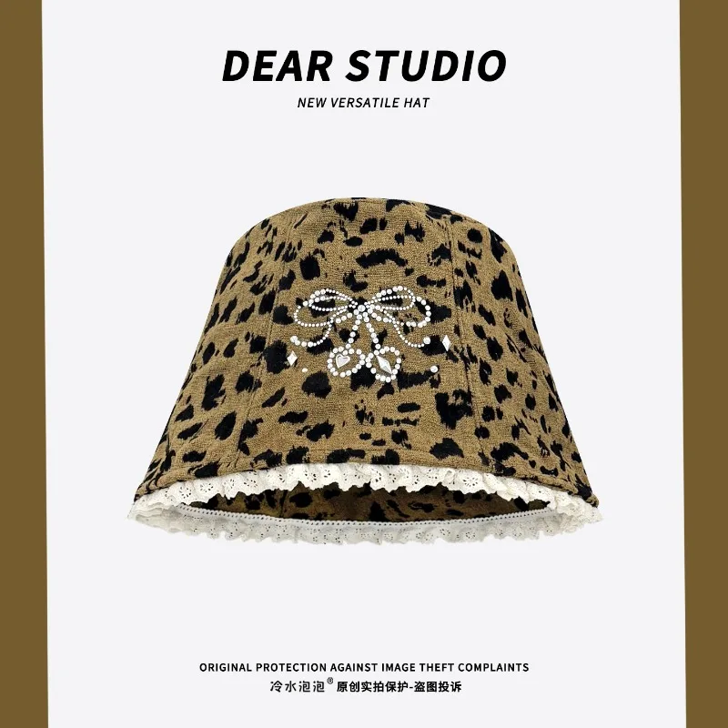 

Korean Retro Lace Leopard Print Bucket Hats Y2k Summer and Autumn Travel Photo Atmosphere Show Face Small Versatile Women's Cap