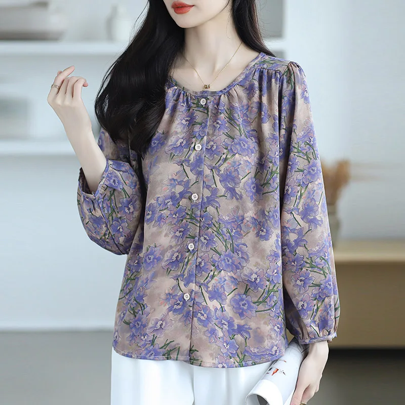 Women\'s Clothing French Chic Pretty Flower Print Shirt Spring Autumn Casual Loose O-neck Lantern Sleeve Blouses Office Lady Tops