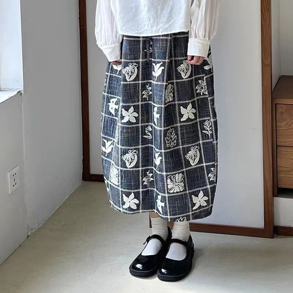 Design sense printing Japanese retro literary bud skirt balloon long skirt 2026 early spring  vintage Slight Strech