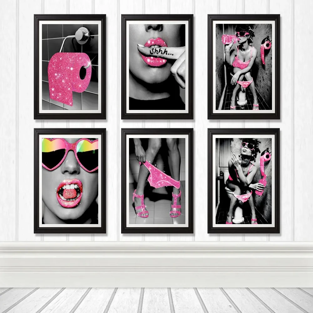 Fashion Pink Woman Bathroom Makeup Canvas Painting Sexy Woman Toilet Smoking Art Wall Posters Print Toilet Bathroom Home Decor