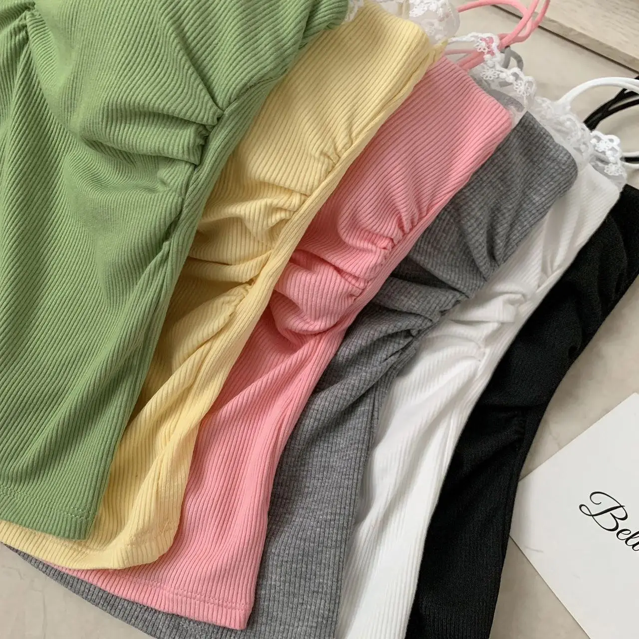 Summer New Pure Desire Sexy Lace Collar Strap Women's Slimming Outerwear Integrated Chest Pad Versatile Short Style Nylon Cot...